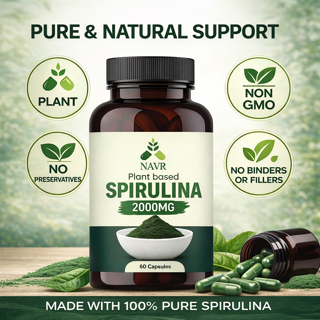 NAVR Plant Based Spirulina 2000mg - High Potency Superfood for Energy - 60 Capsules