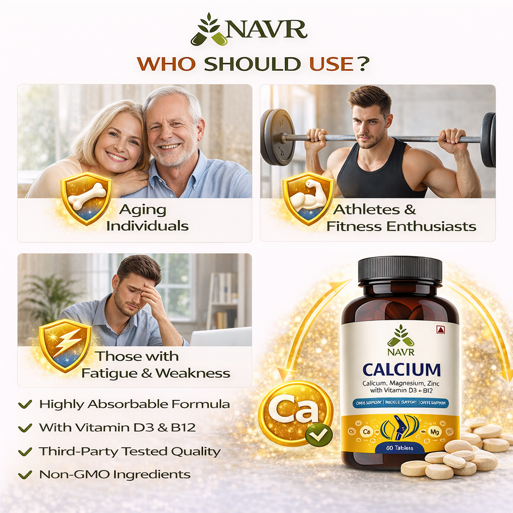 NAVR Calcium Magnesium Zinc with Vitamin D3 & B12 Supplement - Bone & Joint Support - 60ct