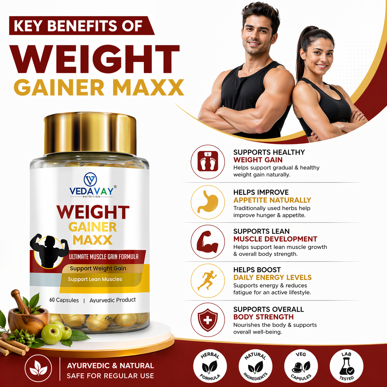 Vedavay Weight Gainer Maxx Capsules- Premium Ayurvedic Vitality Formula (60 Count)