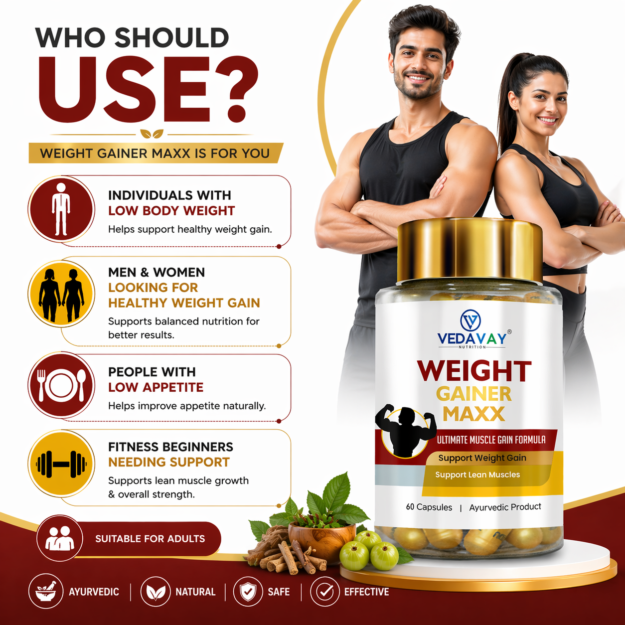 Vedavay Weight Gainer Maxx Capsules- Premium Ayurvedic Vitality Formula (60 Count)