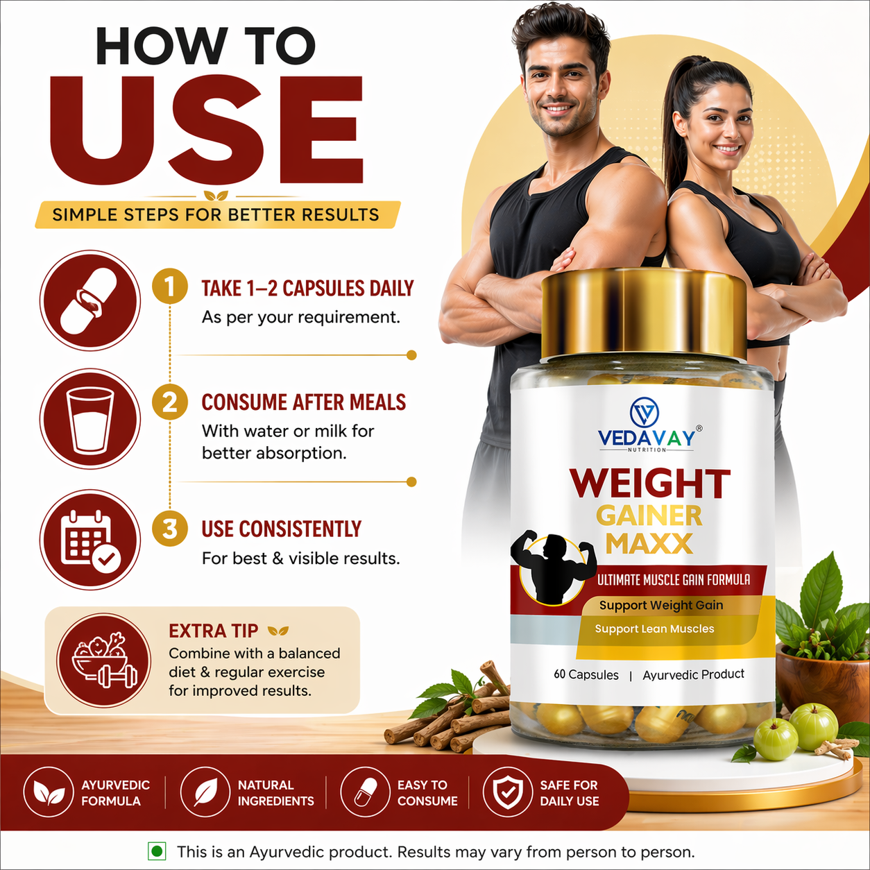 Vedavay Weight Gainer Maxx Capsules- Premium Ayurvedic Vitality Formula (60 Count)