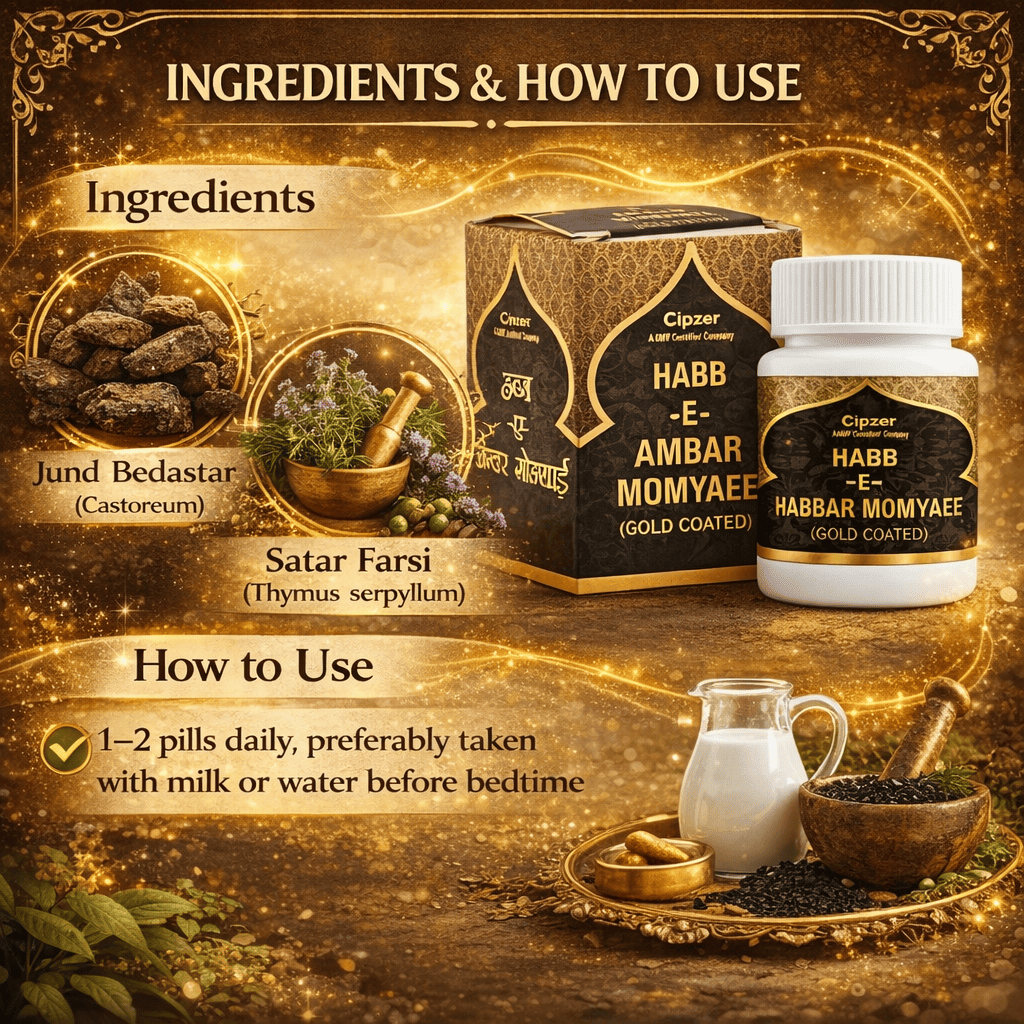Cipzer Habb-E-Ambar Momyaee (Gold Coated) Pill - 10 Pills | Energy, Vitality, Nerve Strength & Male Wellness Tonic