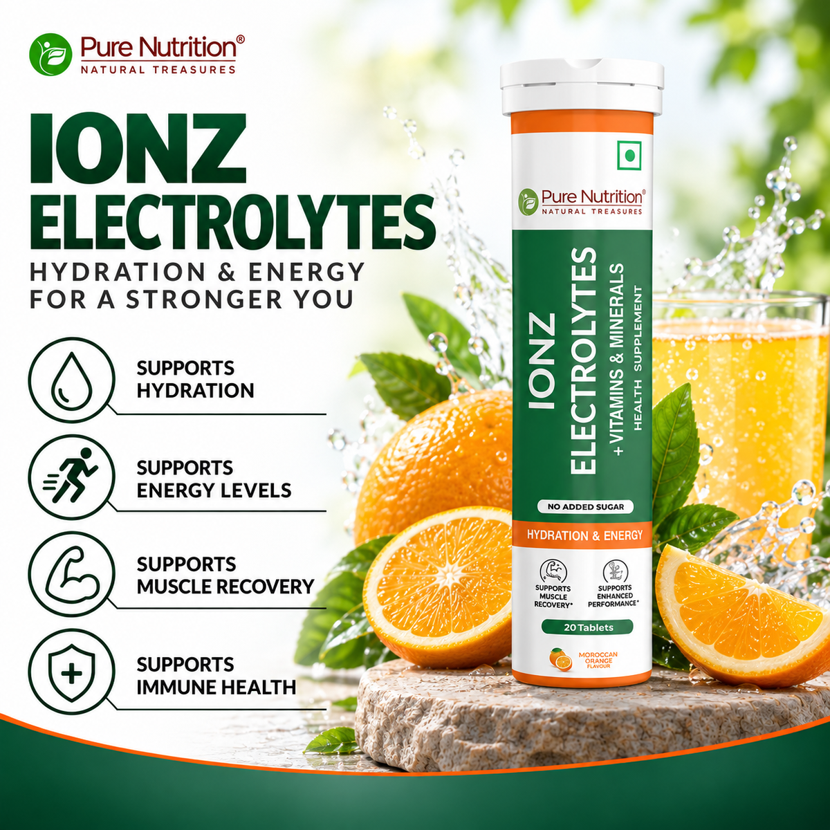 Pure Nutrition Ionz Electrolytes – Zero Sugar Added | 20 Effervescent Tablets – Moroccan Orange Flavour | For Instant Hydration, Energy, Performance & Recovery