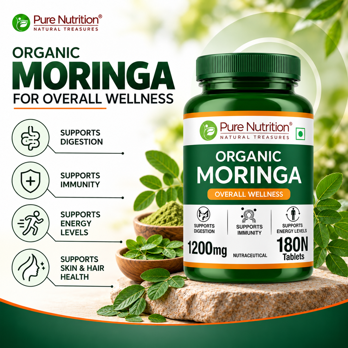 Pure Nutrition Moringa 1200mg -  180 Veg Tablets