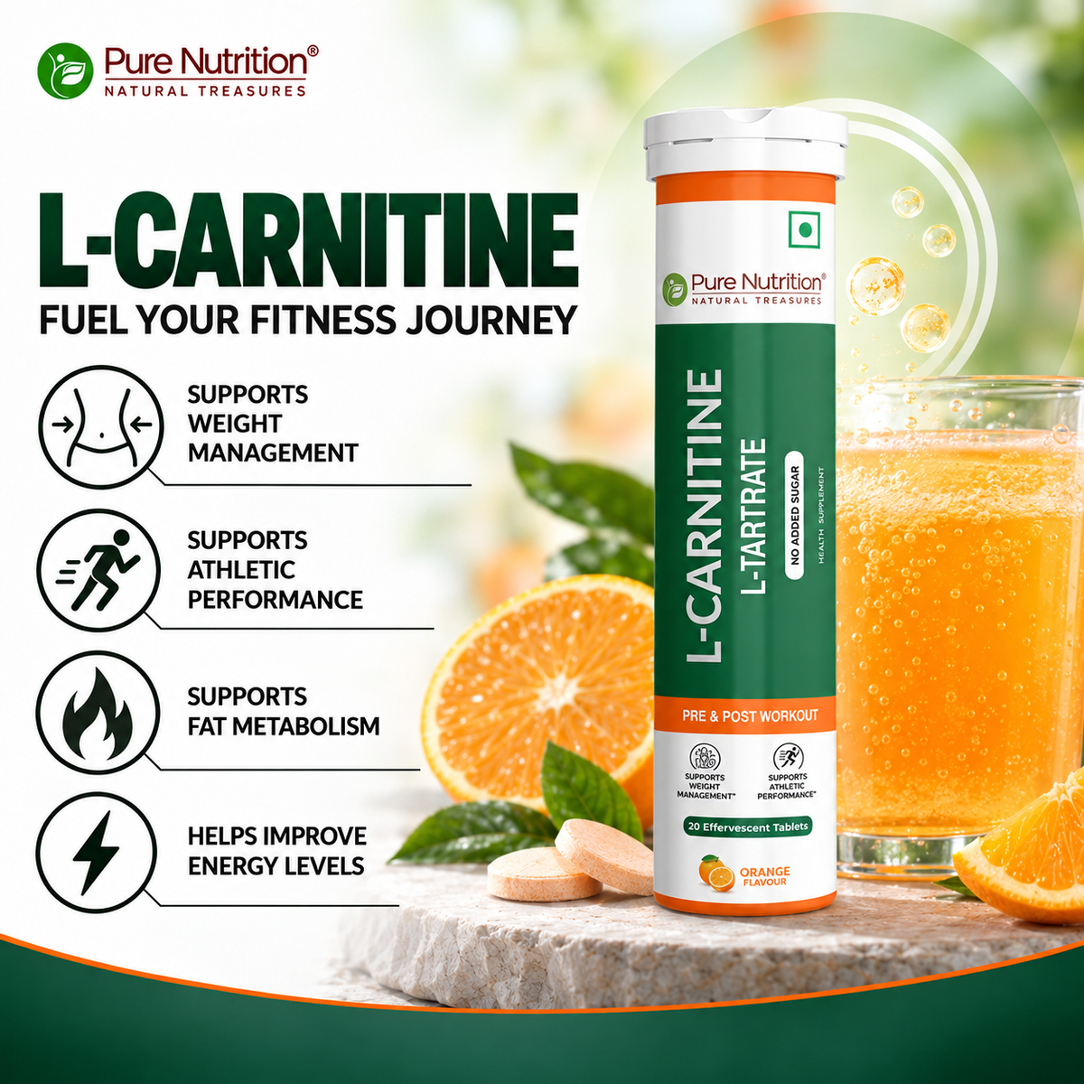 Pure Nutrition L-Carnitine Effervescent Tablets – 20 Tabs | Energy & Metabolism Support