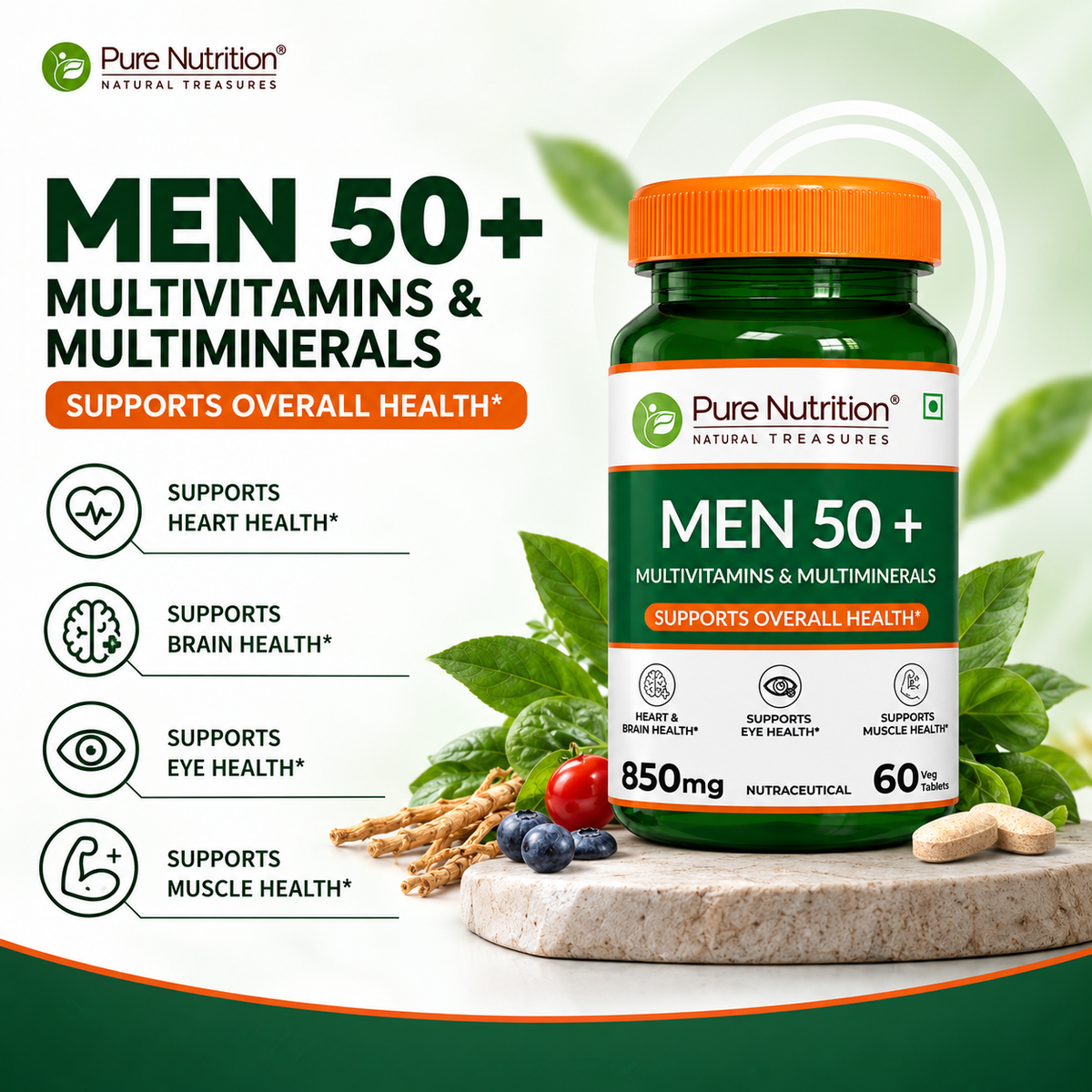 Pure Nutrition Men’s Multivitamin 50+ 60 Tablets | Daily Vitamins & Minerals for Men’s Health