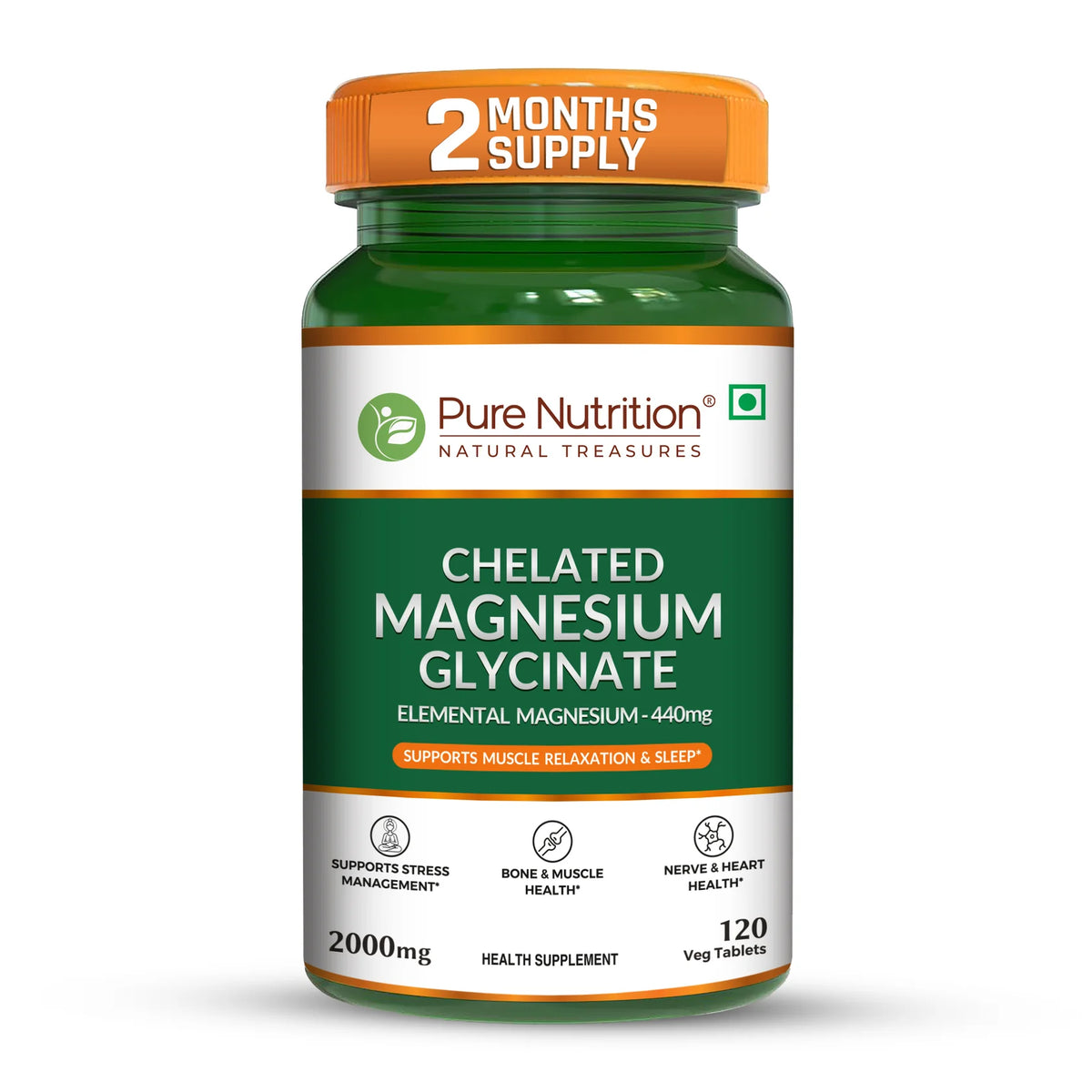 Pure Nutrition Chelated Magnesium Glycinate Tablets - 120 Tablets (Pack of 1) - 2000