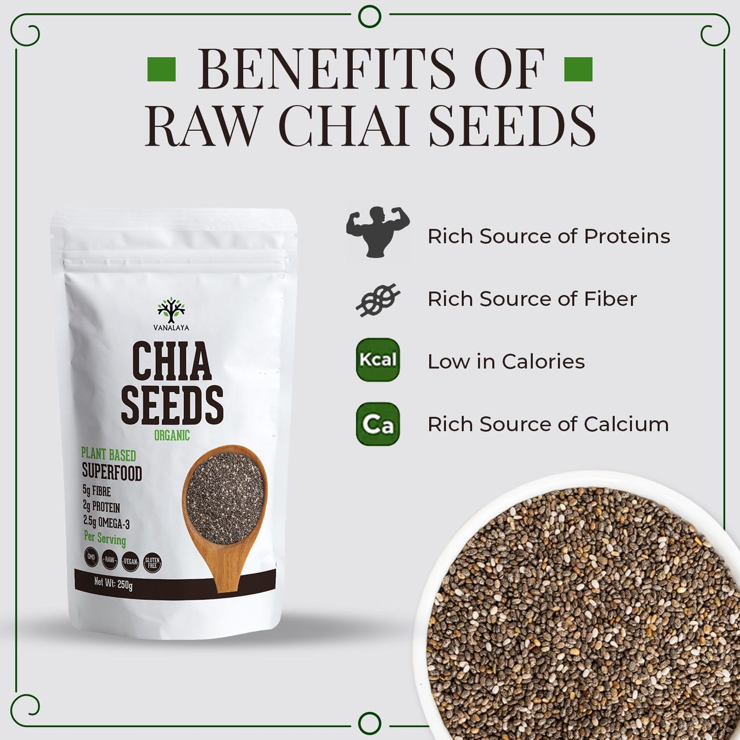 Vanalaya Raw Unroasted Chia Seeds for Eating with Omega 3 Protein and Fiber for Weight Loss Management 250gm