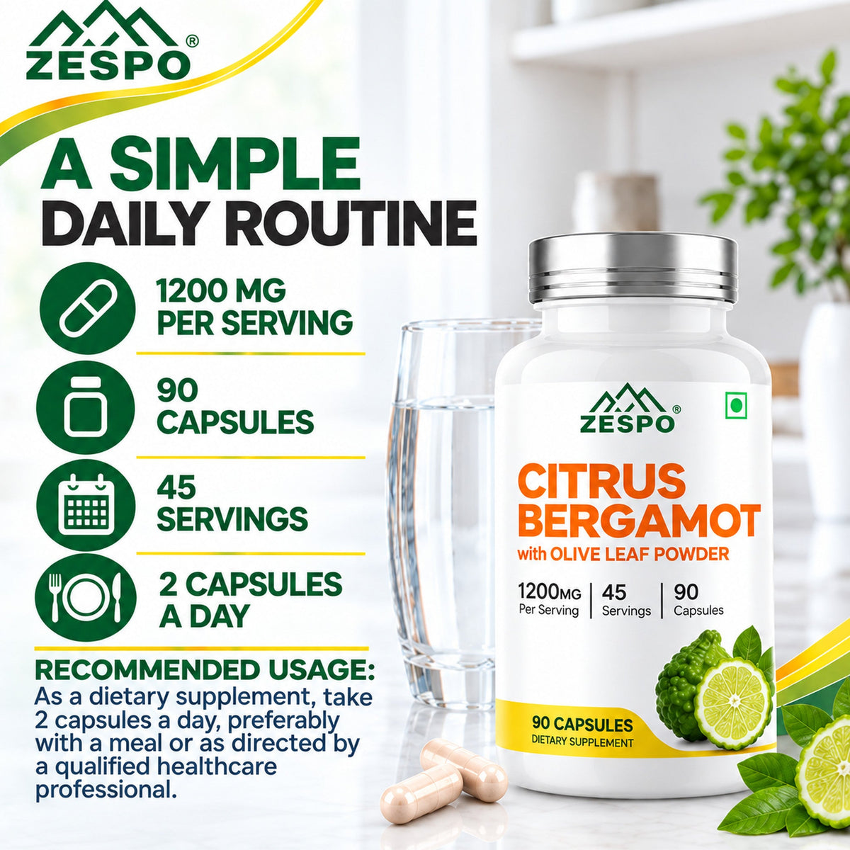 Zespo Citrus Bergamot 1,200 mg with Olive Leaf | 800 mg Bergamot Extract + 400 mg Olive Leaf | Heart Health & Antioxidant Support | 90 Vegan Capsules