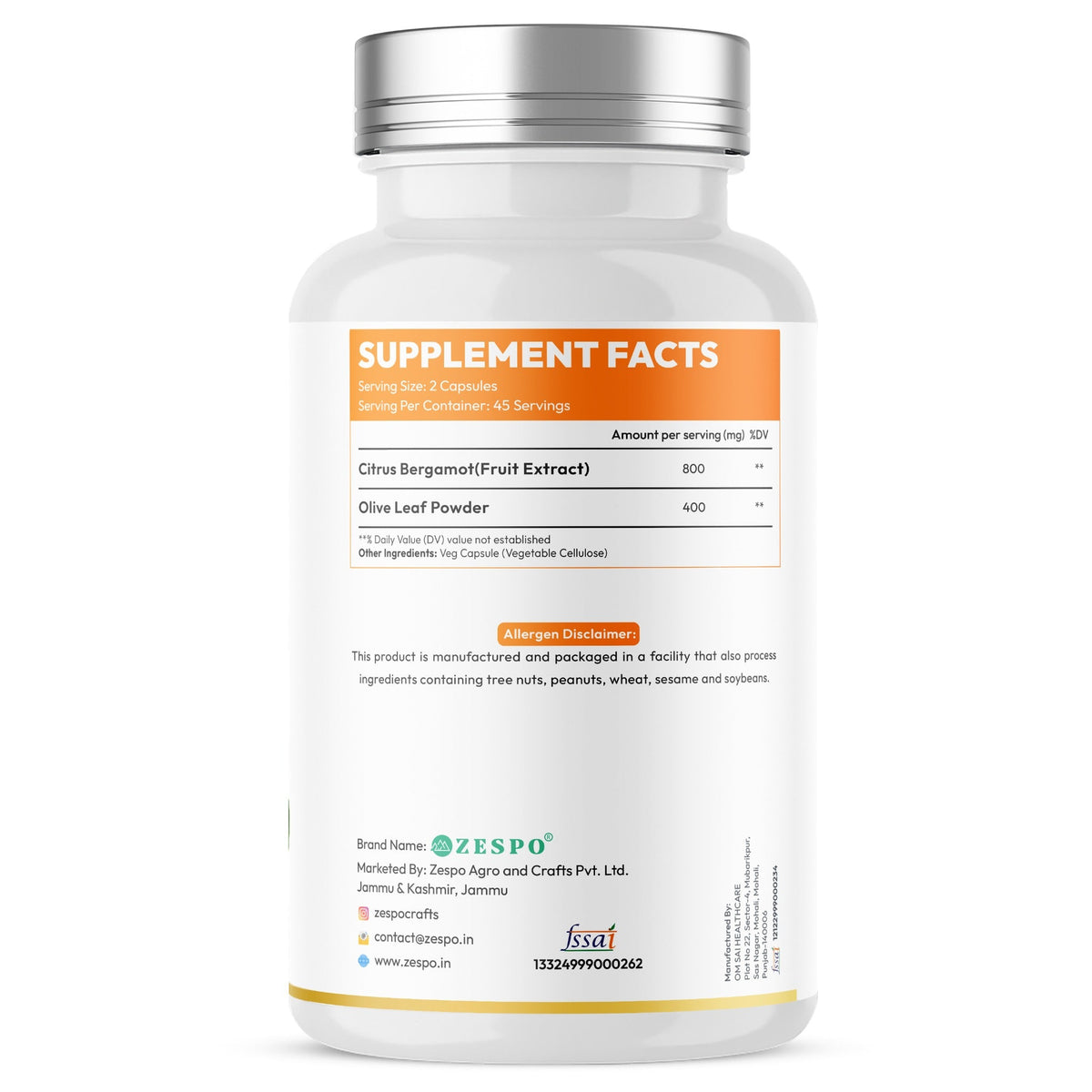 Zespo Citrus Bergamot 1,200 mg with Olive Leaf | 800 mg Bergamot Extract + 400 mg Olive Leaf | Heart Health & Antioxidant Support | 90 Vegan Capsules