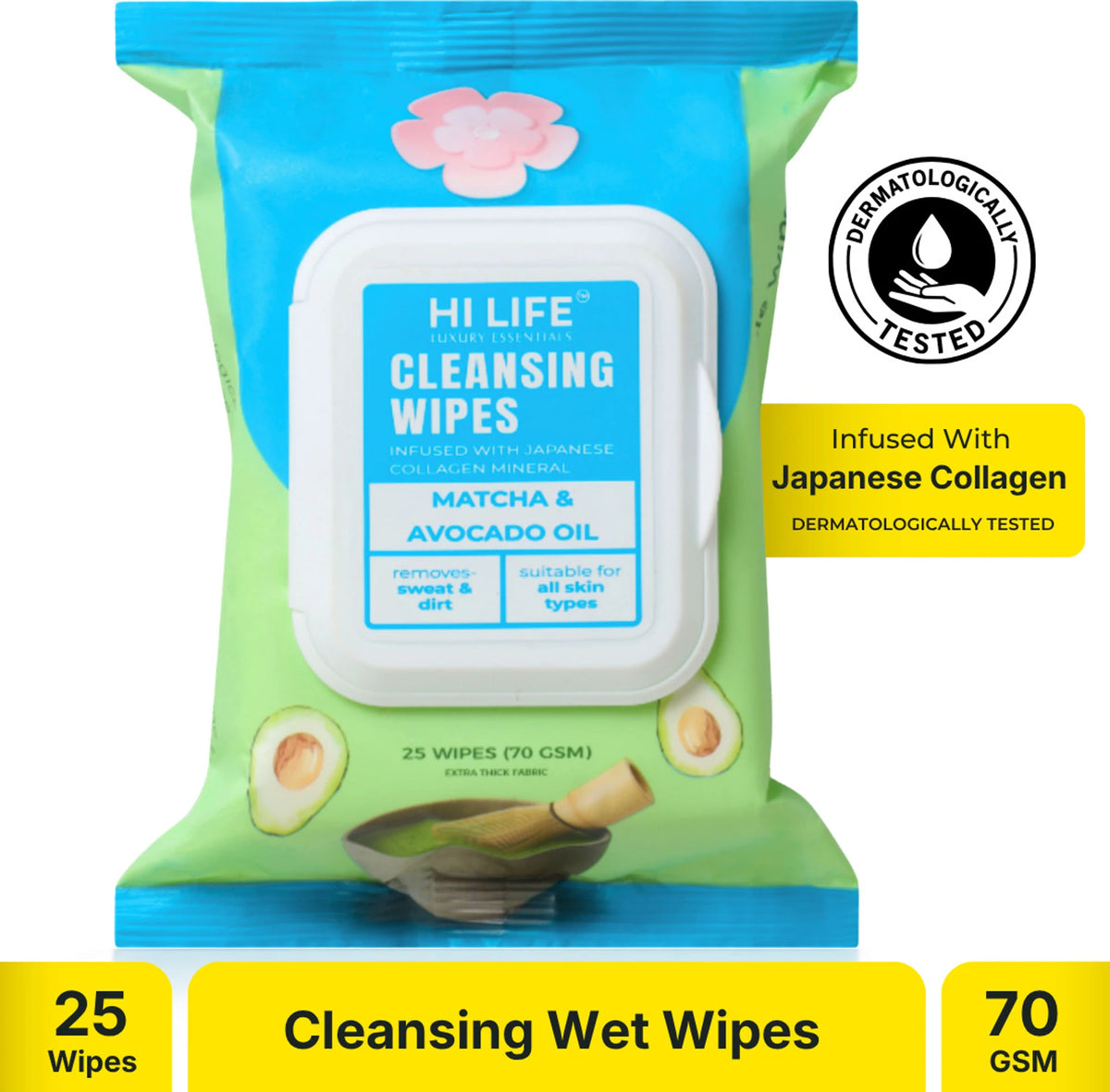 Hi Life Cleansing Wipes – Matcha & Avocado Oil | Nourishing Facial Cleansing & Makeup Remover Wet Wipes (Pack of 25)