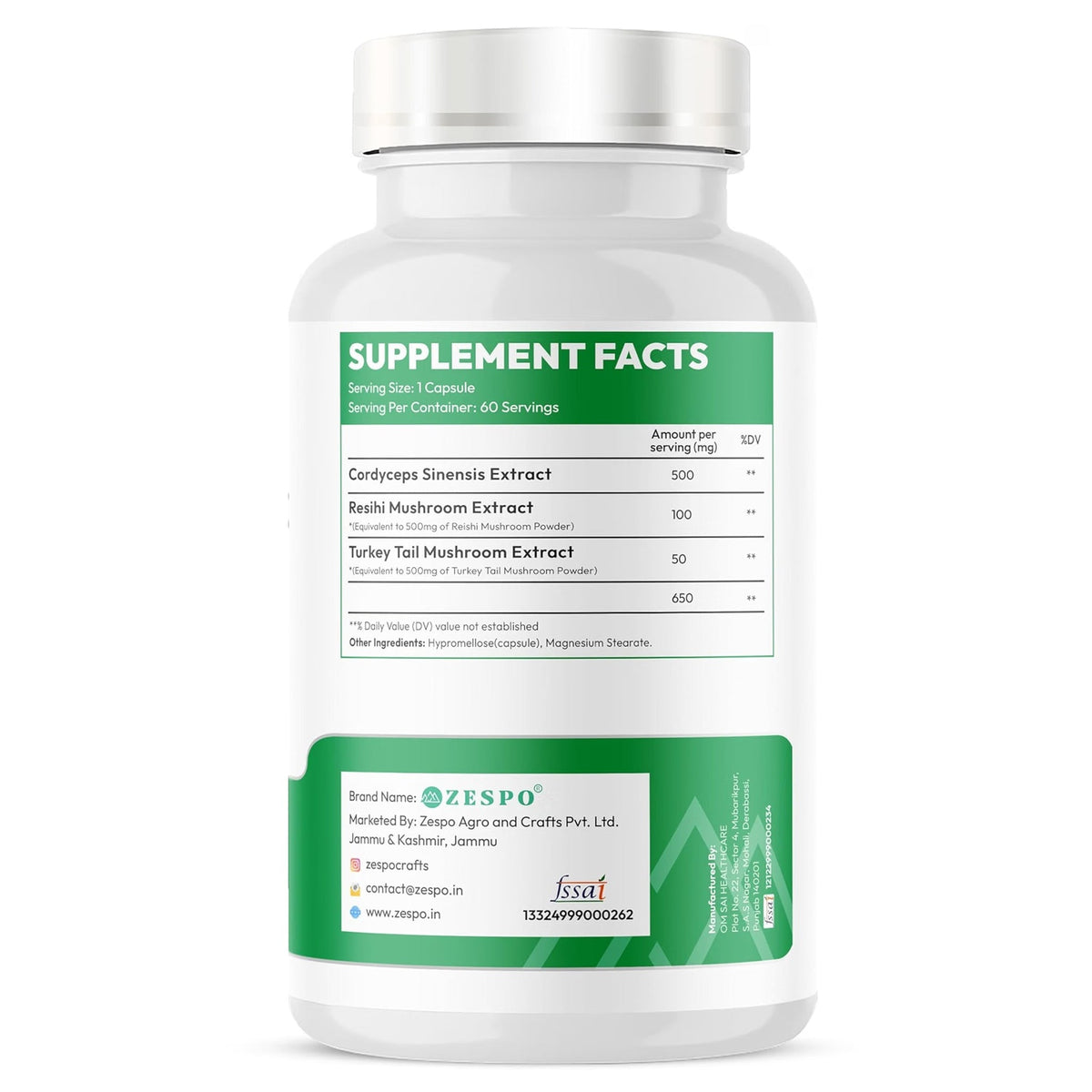 Zespo Cordyceps Complex (Keeda Jadi) 650 mg | Cordyceps Sinensis with Reishi & Turkey Tail | Energy, Stamina & Immunity Support | 60 Vegan Capsules