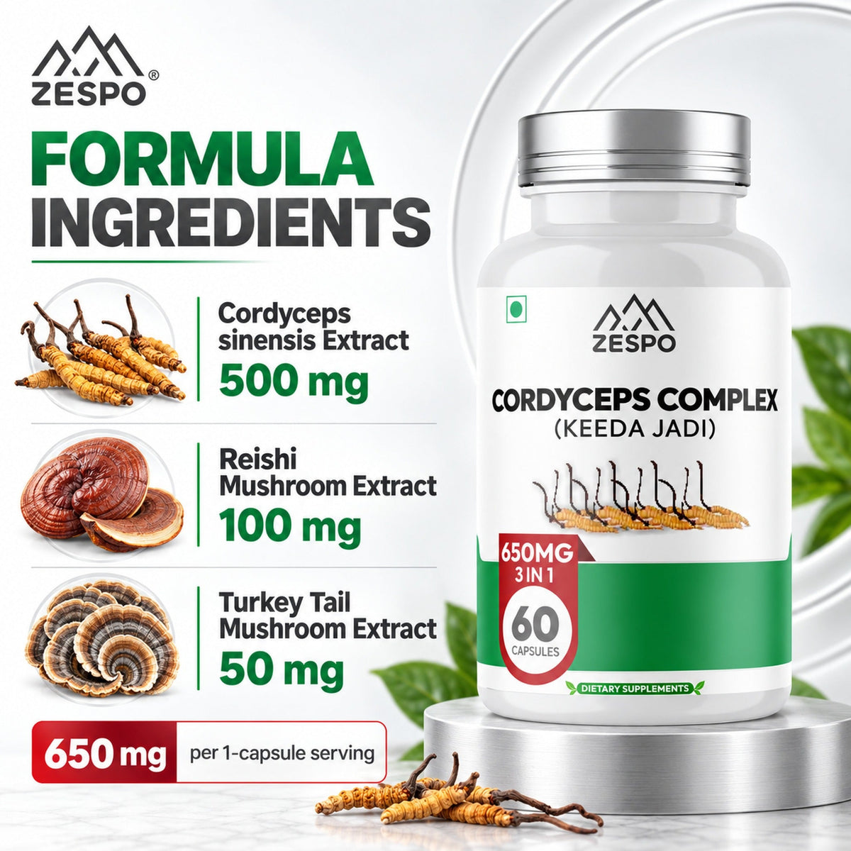Zespo Cordyceps Complex (Keeda Jadi) 650 mg | Cordyceps Sinensis with Reishi & Turkey Tail | Energy, Stamina & Immunity Support | 60 Vegan Capsules