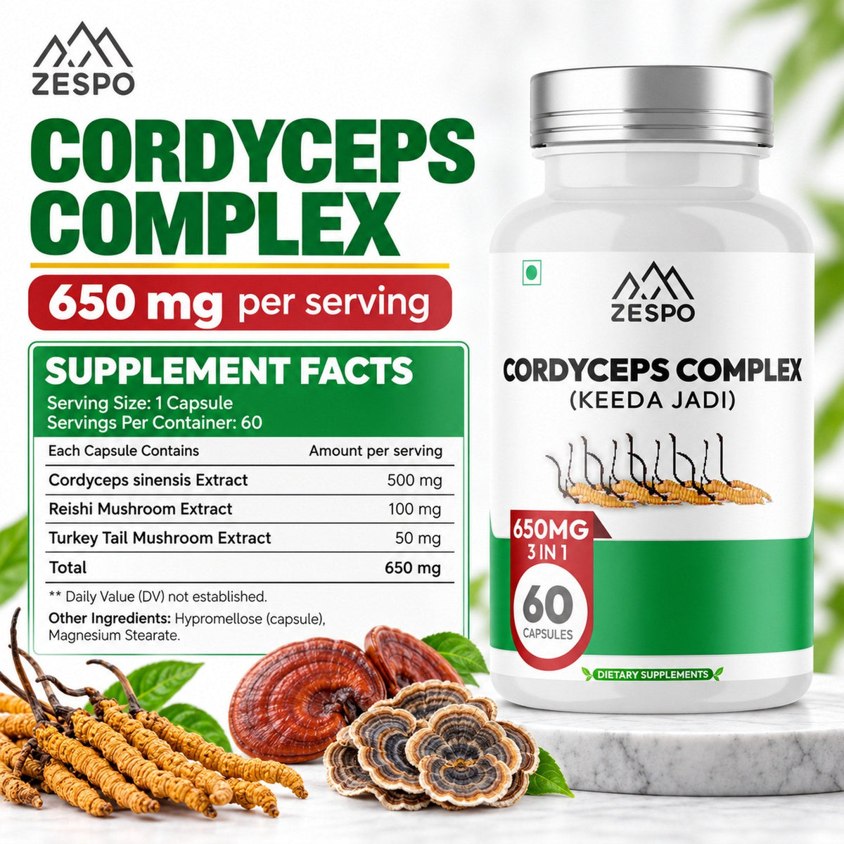 Zespo Cordyceps Complex (Keeda Jadi) 650 mg | Cordyceps Sinensis with Reishi & Turkey Tail | Energy, Stamina & Immunity Support | 60 Vegan Capsules