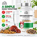 Zespo Cordyceps Complex (Keeda Jadi) 650 mg | Cordyceps Sinensis with Reishi & Turkey Tail | Energy, Stamina & Immunity Support | 60 Vegan Capsules
