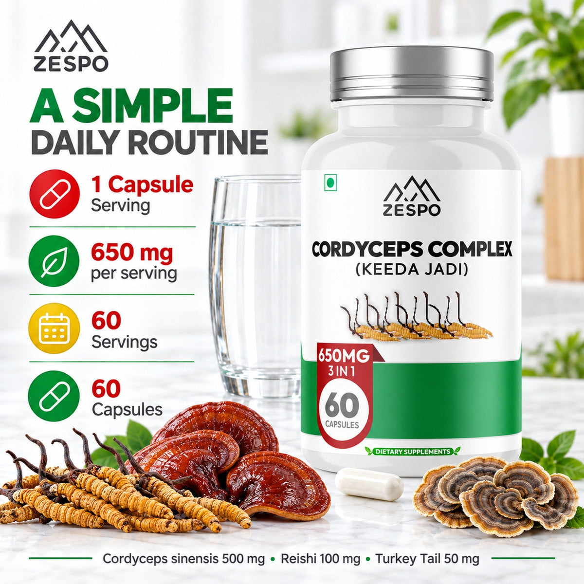 Zespo Cordyceps Complex (Keeda Jadi) 650 mg | Cordyceps Sinensis with Reishi & Turkey Tail | Energy, Stamina & Immunity Support | 60 Vegan Capsules