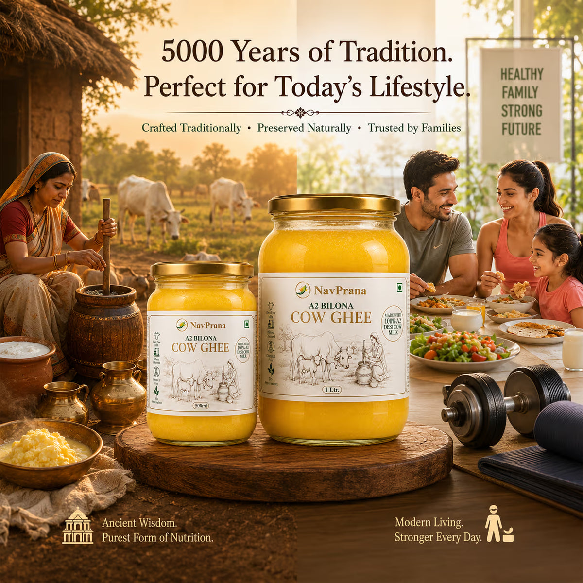 NavPrana Organics Desi Cow A2 Bilona Ghee (1 Ltr)