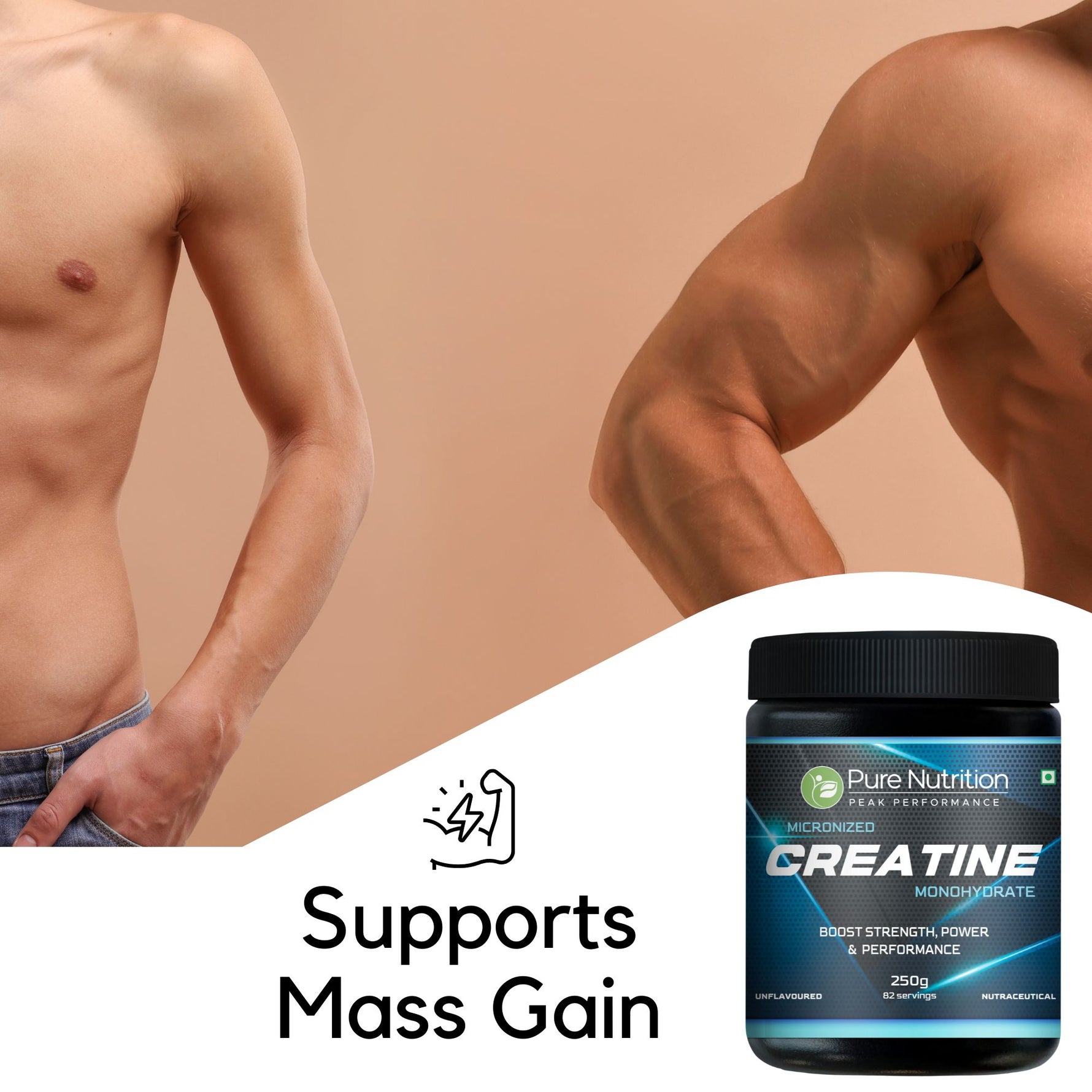 Pure Nutrition Micronised Creatine Monohydrate Powder, Pre/Post Workout Supplement, Instant Energy for Athletic Performance, Fast Recovery, Increased Muscle Mass, Unflavoured - 250gm