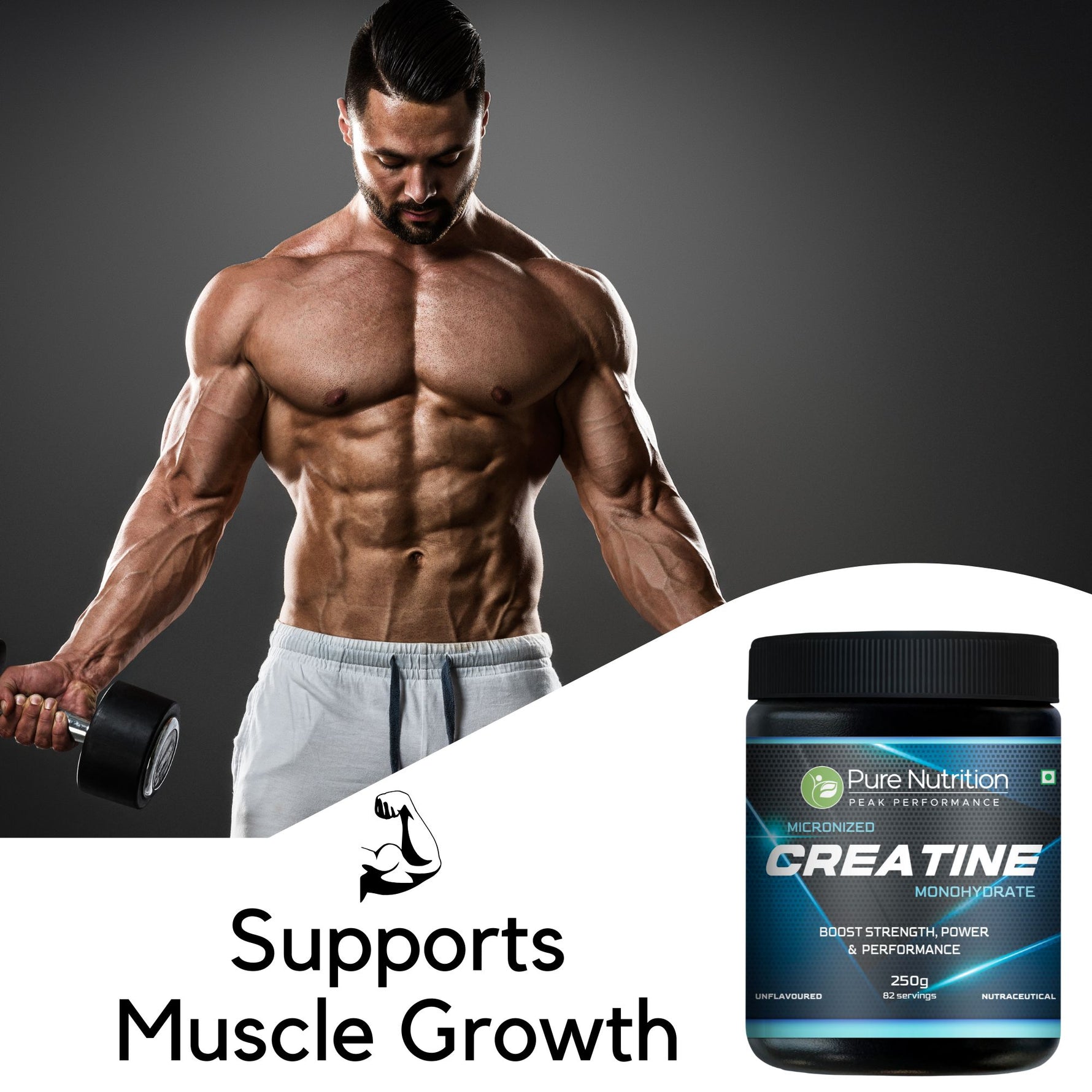 Pure Nutrition Micronised Creatine Monohydrate Powder, Pre/Post Workout Supplement, Instant Energy for Athletic Performance, Fast Recovery, Increased Muscle Mass, Unflavoured - 250gm