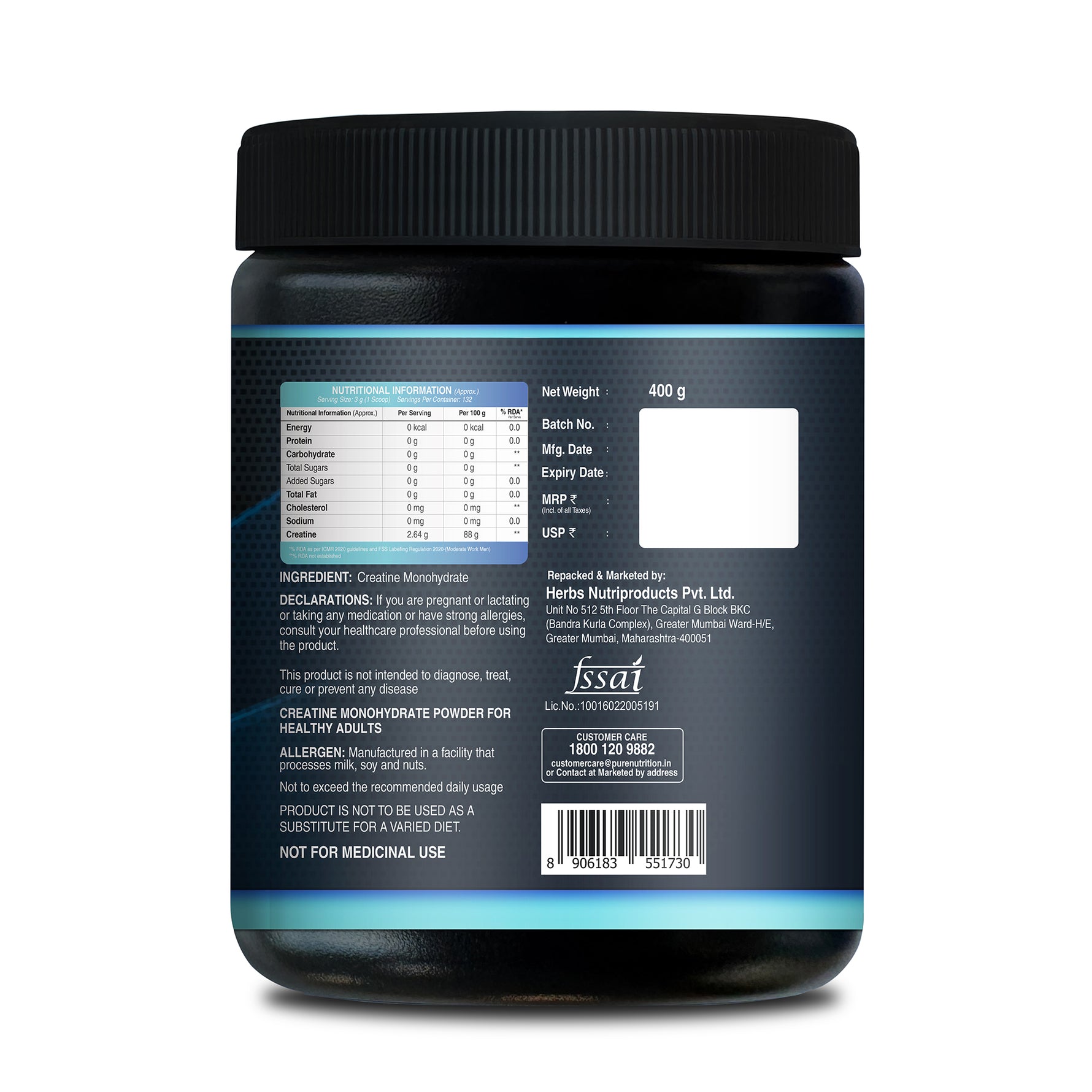 Pure Nutrition Micronised Creatine Monohydrate Powder, Pre/Post Workout Supplement, Instant Energy for Athletic Performance, Fast Recovery, Increased Muscle Mass, Unflavoured - 400gm