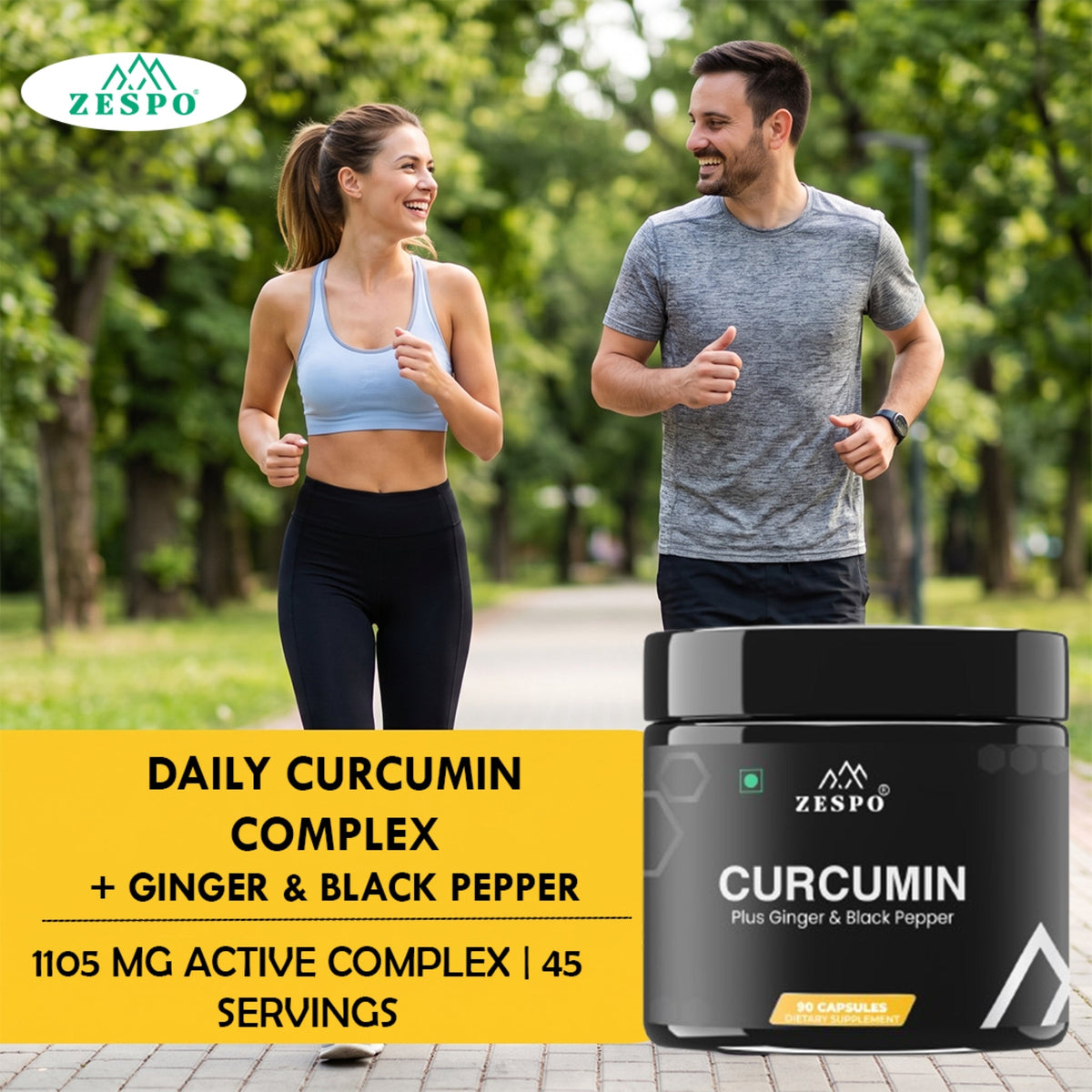 Zespo Curcumin 1,105 mg with Ginger & Black Pepper | 95% Curcuminoids | Joint Comfort, Mobility & Antioxidant Support | 90 Vegan Capsules