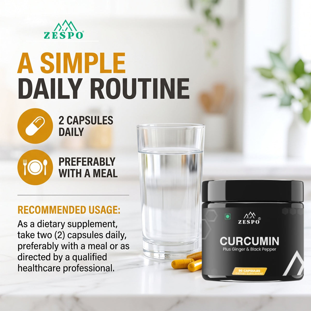 Zespo Curcumin 1,105 mg with Ginger & Black Pepper | 95% Curcuminoids | Joint Comfort, Mobility & Antioxidant Support | 90 Vegan Capsules