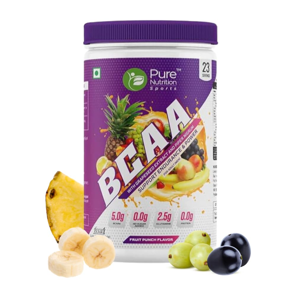 Pure Nutrition Sports BCAA supplement 2:1:1, Fruit Punch Flavor with L-Glutamine, Electrolytes, Grapeseed & Piperine, Sugar Free Amino Acid Supplement, Workout Muscle Recovery Drink for Muscle Growth, 250g, 23 Servings