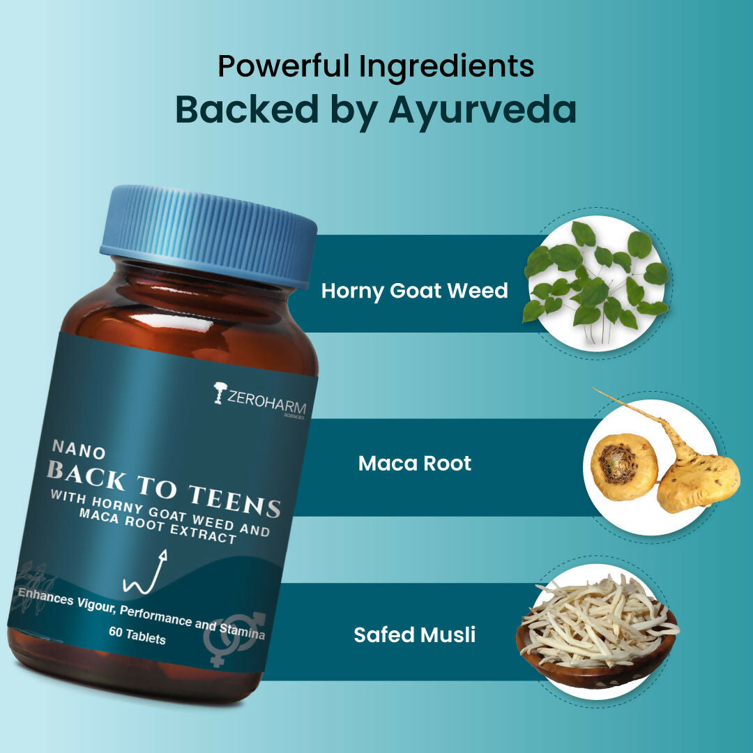 ZEROHARM Back to Teens Supplement with Maca Root, Horny Goat Weed, Safed Musli - For Stamina, Energy & Performace - 60 Tablets