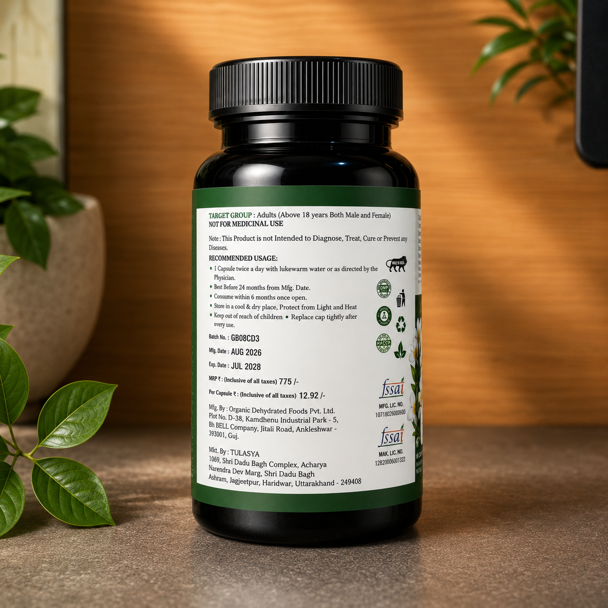 Tulasya Calcium + Vitamin D3 (60 Veg Capsules) | Bone Density, Joint Health & Muscle Support