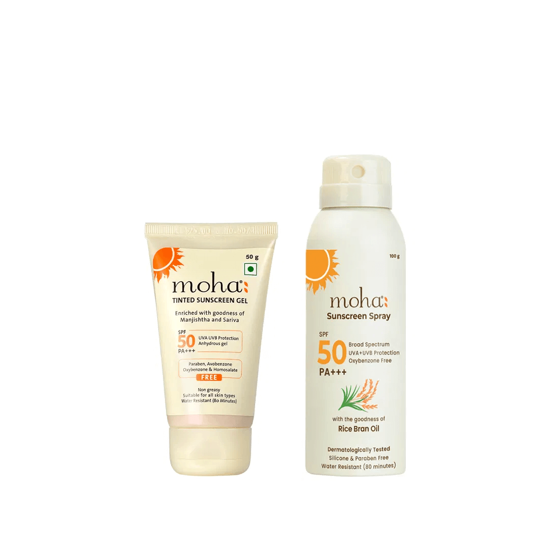Moha Defence & Shine Combo - Tinted Sunscreen Gel & Sunscreen Spray SPF 50 Set