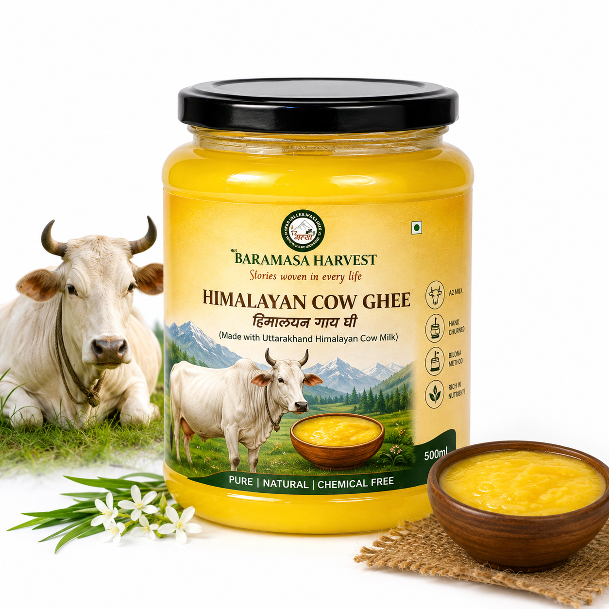 Baramasa Harvest Pahadi Desi Ghee (500ml) | Pure Himalayan A2 Cow Ghee | Traditional Bilona Churned & Grainy Texture