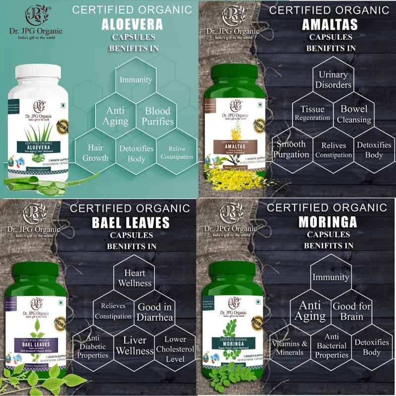 DR. JPG ORGANIC Aloe vera, Amaltas, Bael Leaves & Moringa Capsules For Detox Body 240 veg. Capsules (60 Cap. In Each Bottle) INDIA ORGANI Certified.