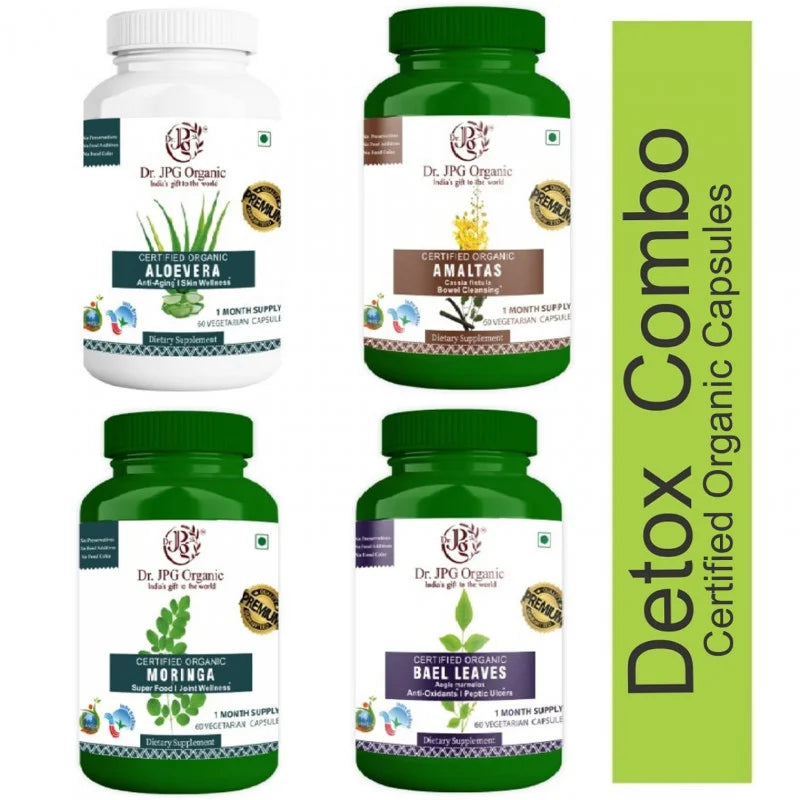 DR. JPG ORGANIC Aloe vera, Amaltas, Bael Leaves & Moringa Capsules For Detox Body 240 veg. Capsules (60 Cap. In Each Bottle) INDIA ORGANI Certified.