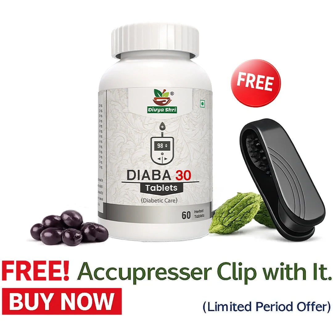 Divyashri Wellness DIABA 30 — Ayurvedic Herbal Tablets for Natural Blood Sugar Management & Diabetic Care (60 Tablets) | With FREE Acupresser Clip