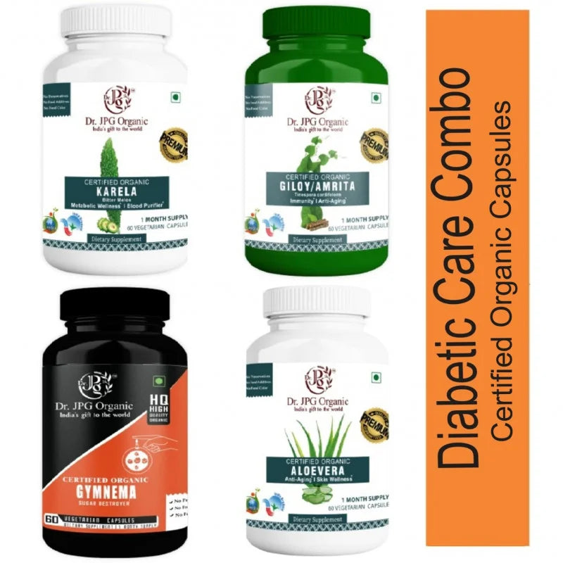 DR. JPG ORGANIC Karela, Giloy, Gymnema & Aloe Vera Capsules For Diabetic Care 240 veg. Capsules (60 Cap. In Each Bottle) INDIA Organic Certified.(pack of 4)