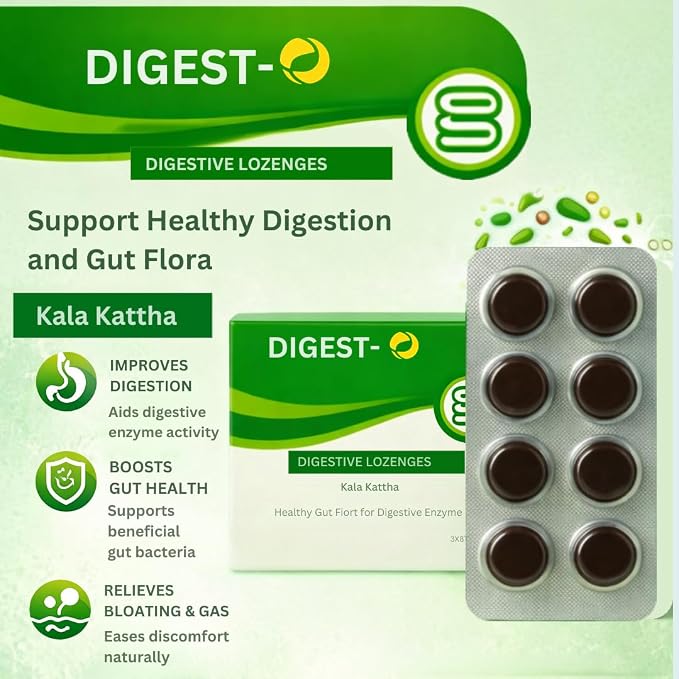 DIGEST-O Digestive Candy Kala Khatta | Gas Relief Tablets | Ayurvedic Digestion | Jeera Ajwain Lozenges | 24 Each Lozenges-1Box