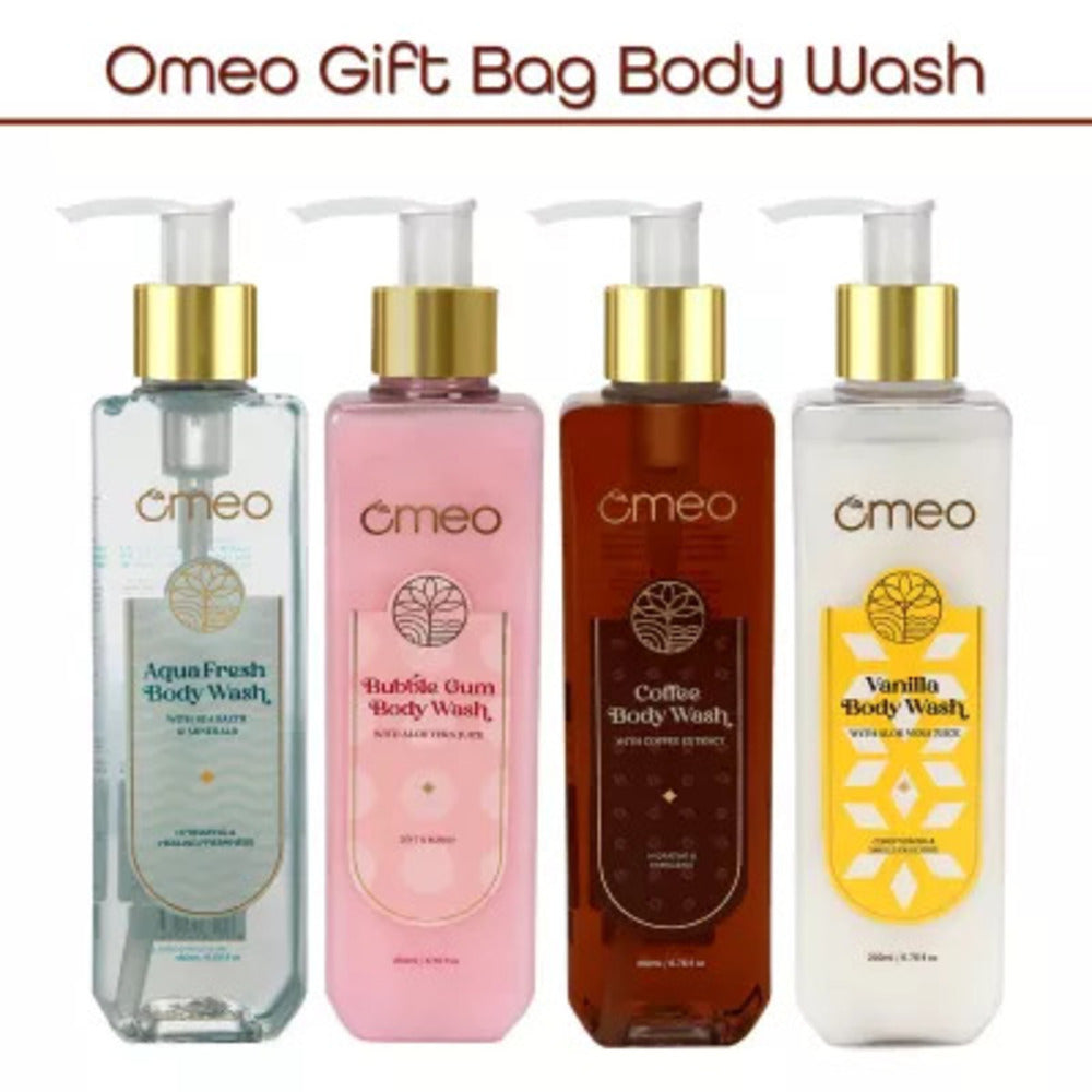 omeo gift bag body wash (aqua fresh + bubble gum + coffee + vanilla body wash) (180ml+200ml each) (1