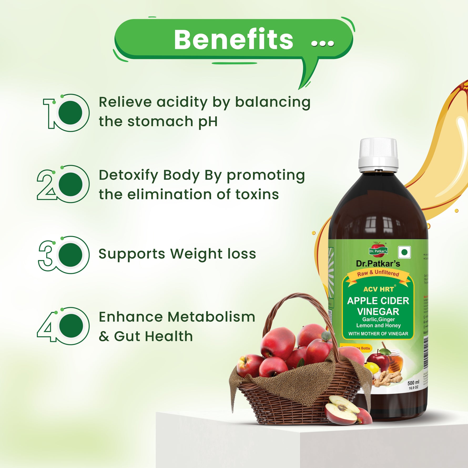 Dr. Patkar's Apple Cider Vinegar with Garlic, Ginger, Lemon and Honey - Cardiovascular Wellness & Lipid Balance (500ml) Pack of 2