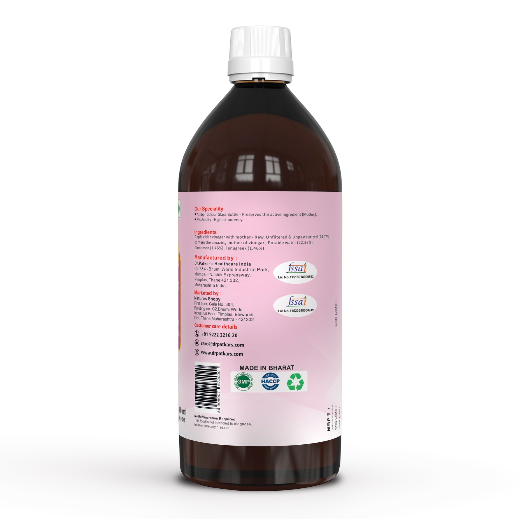 Dr. Patkar's Apple Cider Vinegar Cinnamon & Fenugreek with the Mother -  Pack of 1000ml