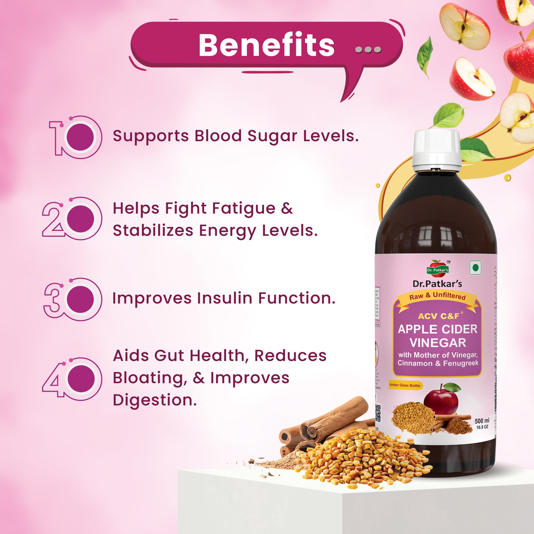 Dr. Patkar's Apple Cider Vinegar Cinnamon & Fenugreek with the Mother -  Pack of 1000ml