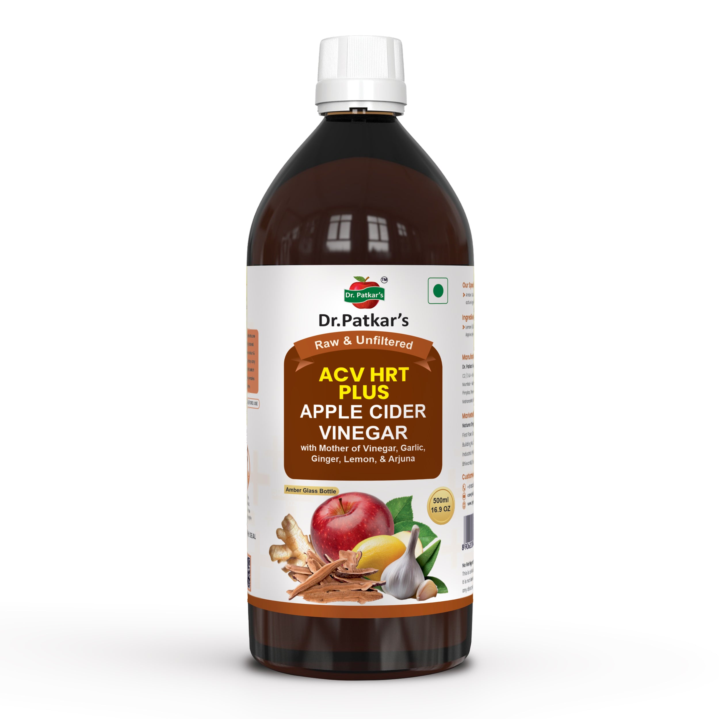 Dr. Patkar's Apple Cider Vinegar with Ginger, Garlic, Lemon & Arjuna (ACV HRT PLUS) + Formula Morning Detox Tonic Heart, Immunity & Digestion Support 500 ML (Pack of 1)