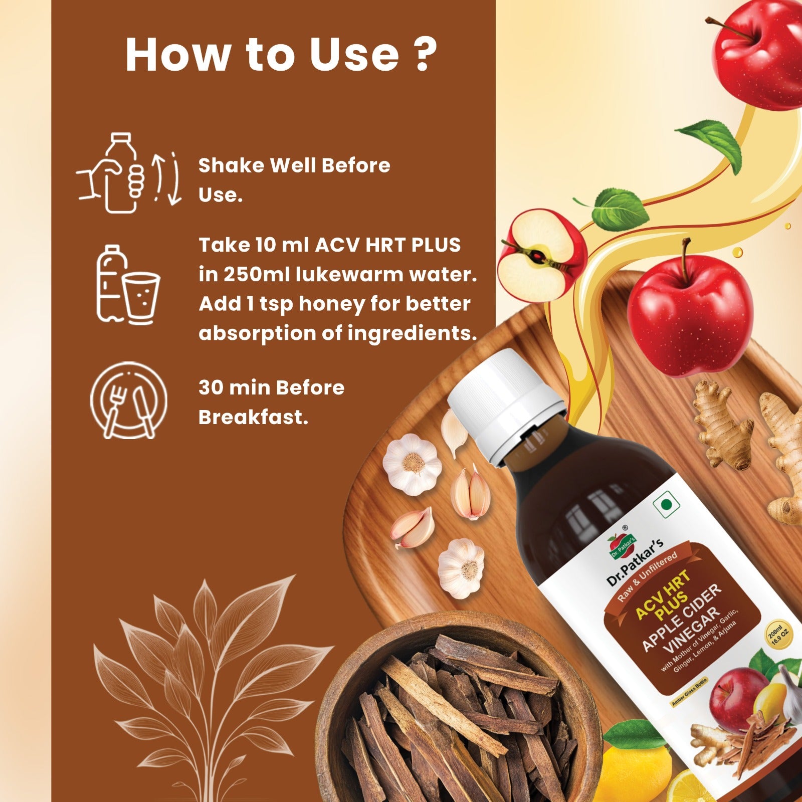 Dr. Patkar's Apple Cider Vinegar with Ginger, Garlic, Lemon & Arjuna (ACV HRT PLUS) + Formula Morning Detox Tonic Heart, Immunity & Digestion Support 200 ML (Pack of 1)