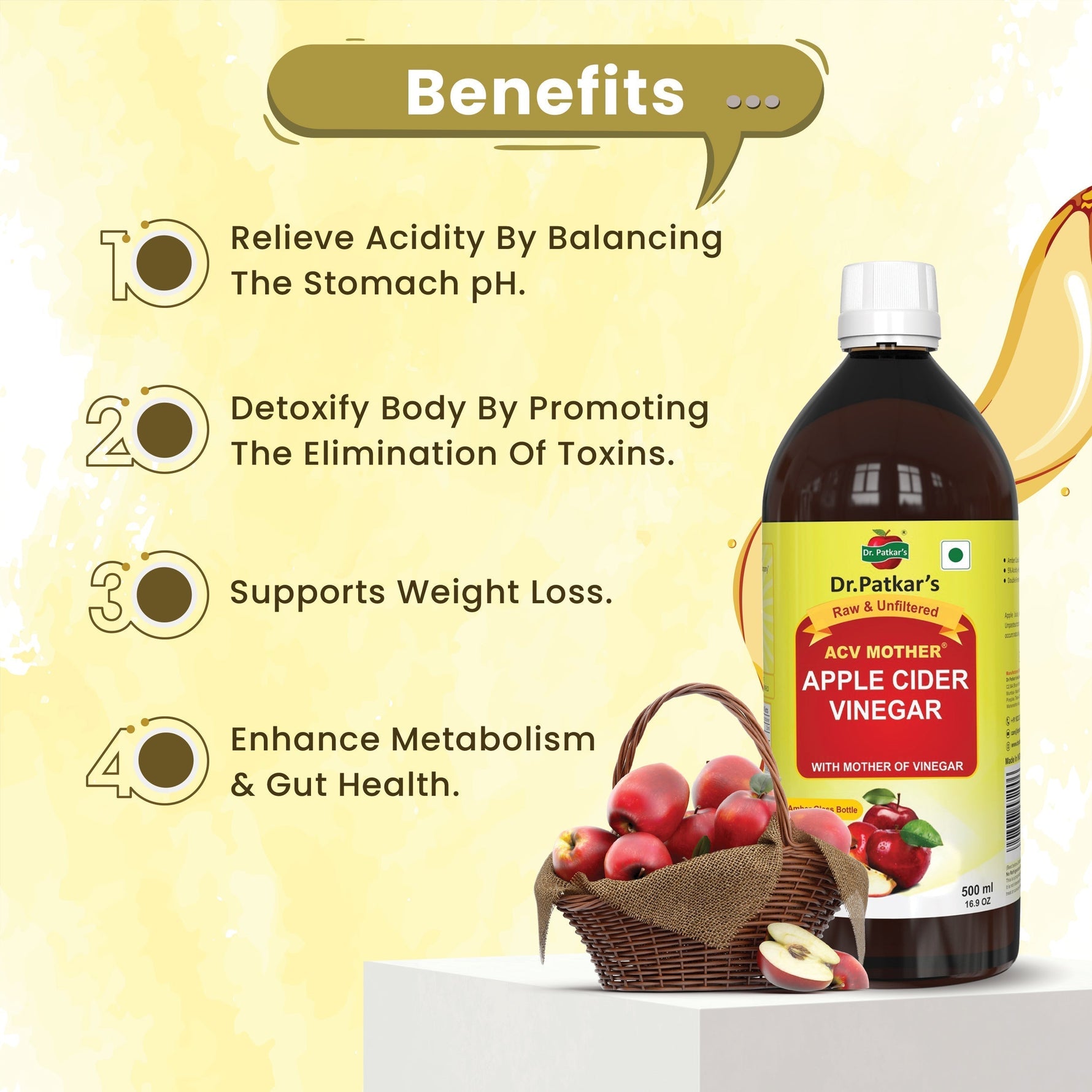 Dr. Patkar's Apple Cider Vinegar with Mother of Vinegar - Metabolic Balance & Gut Harmony (1000ml)