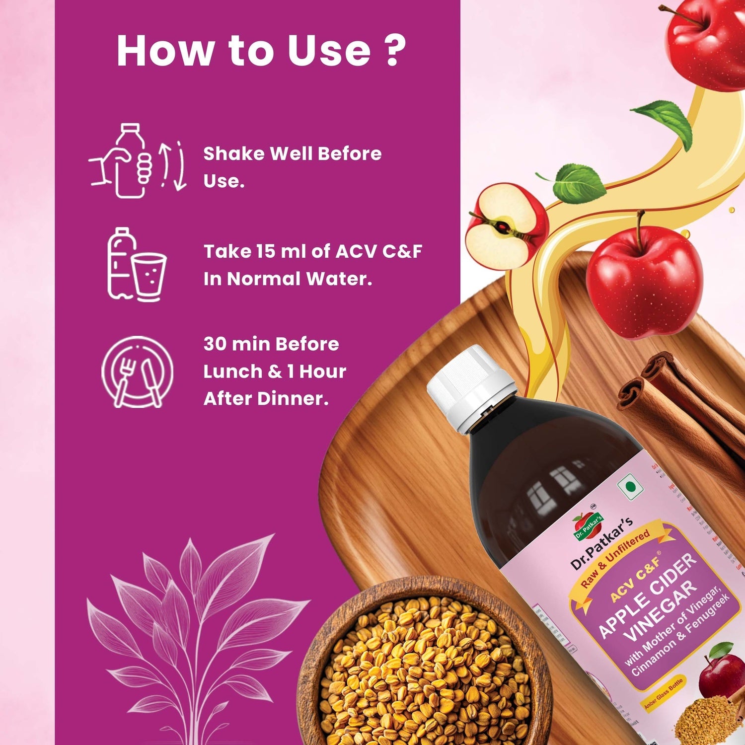 Dr. Patkar's Apple Cider Vinegar Cinnamon & Fenugreek with the Mother -  Pack of 1000ml