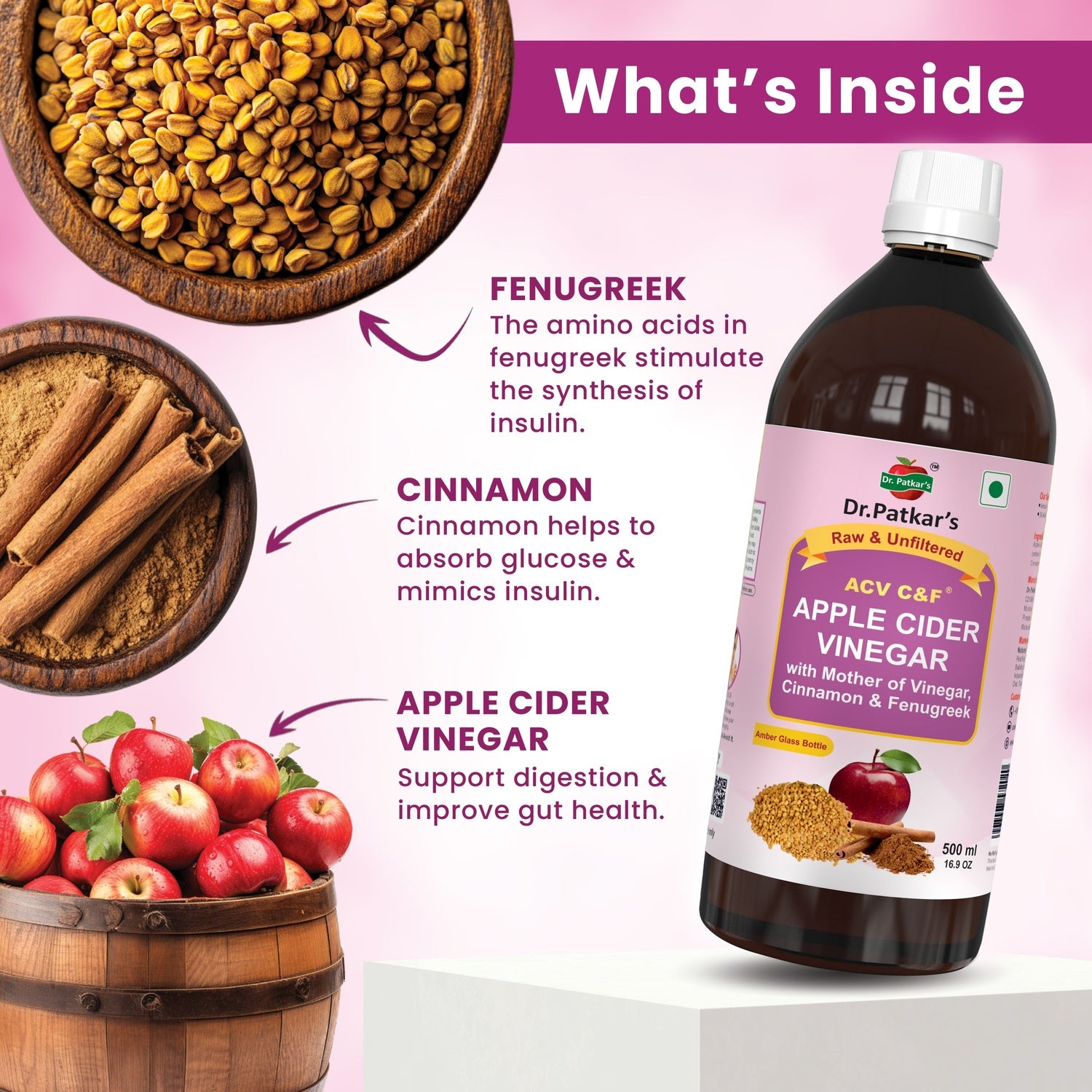 Dr. Patkar's Apple Cider Vinegar Cinnamon & Fenugreek with the Mother -  Pack of 1000ml