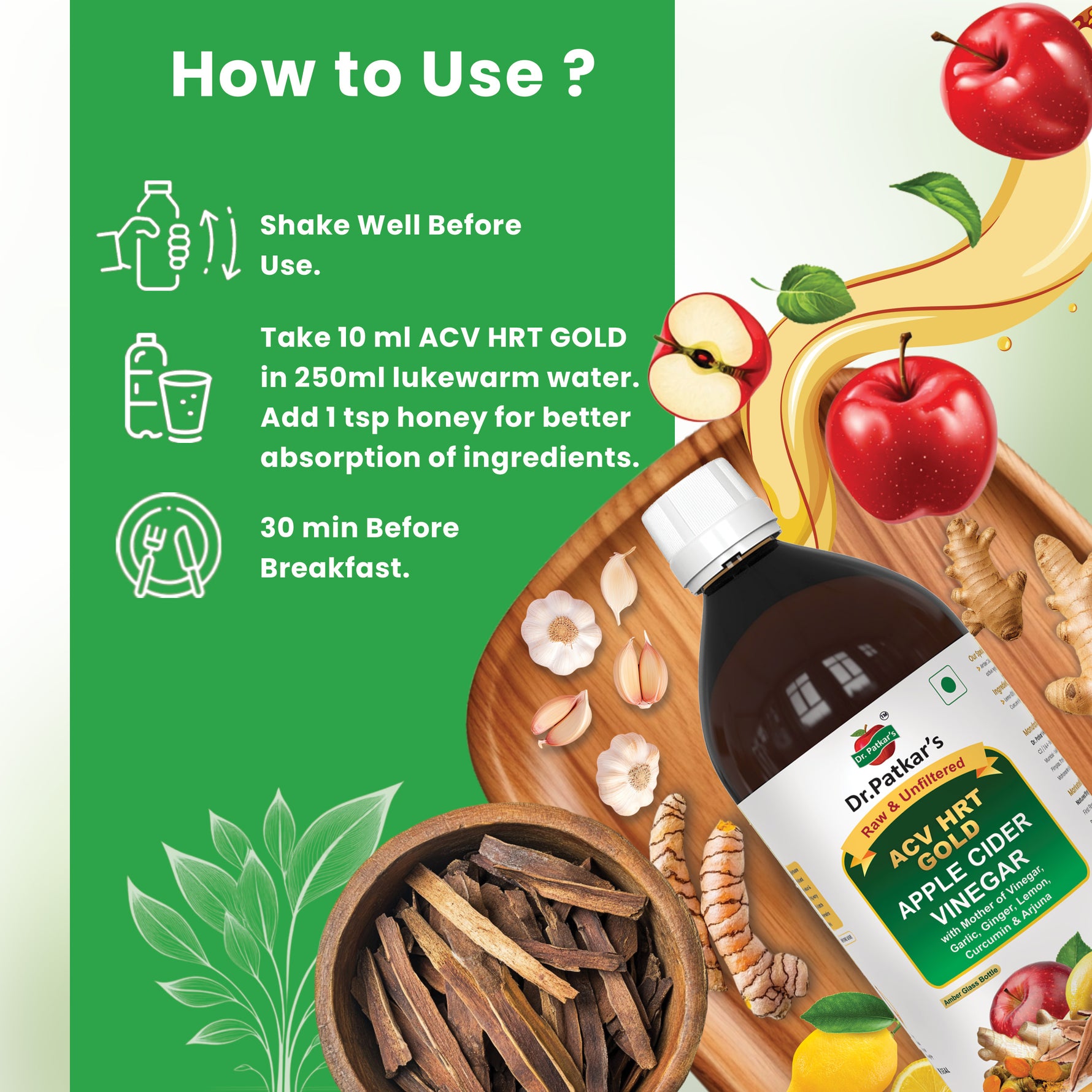 Dr. Patkar's ACV HRT GOLD | Apple Cider Vinegar with Arjuna, Curcumin, Ginger, Garlic & Lemon | 2X Formula Health Shot | Immunity, Heart & Gut Support | Raw & Unfiltered (1000 ML)