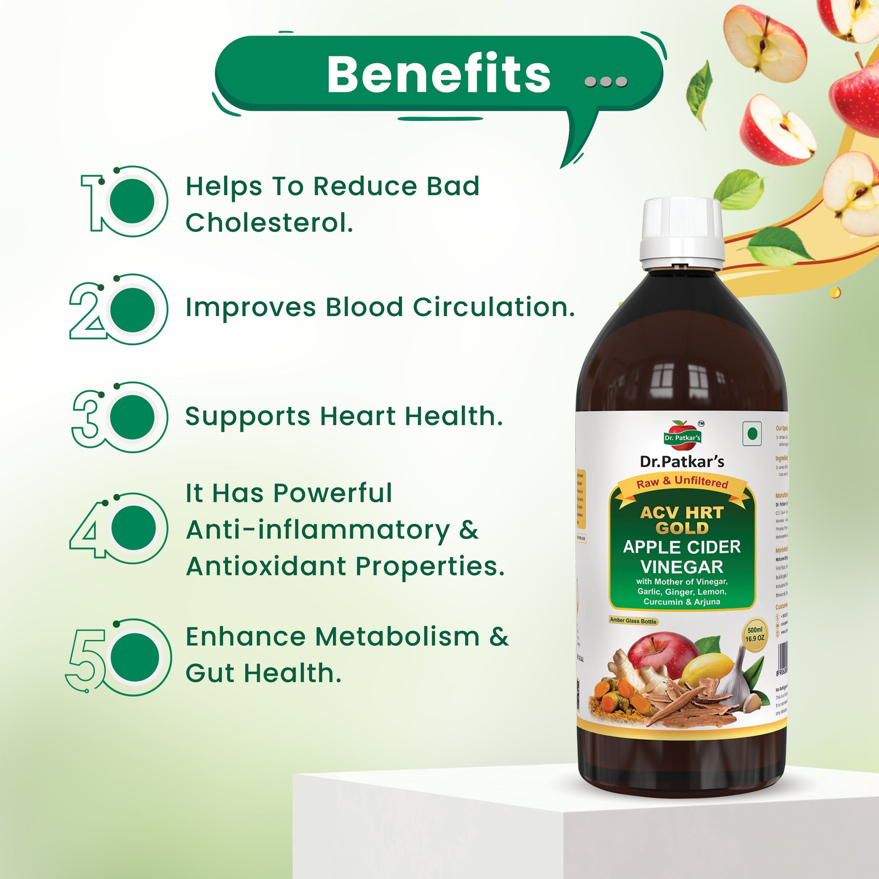 Dr. Patkar's ACV HRT GOLD | Apple Cider Vinegar with Arjuna, Curcumin, Ginger, Garlic & Lemon | 2X Formula Health Shot | Immunity, Heart & Gut Support | Raw & Unfiltered (1000 ML)
