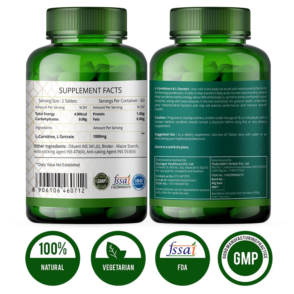 Simply Herbal L-Carnitine L-Tartrate 1000mg Tablet (120 Tablets)