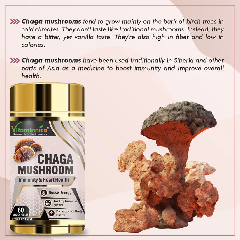 Vitaminnica Chaga Mushroom Capsules - Immune Defense & Superfood Antioxidant, 60 Count