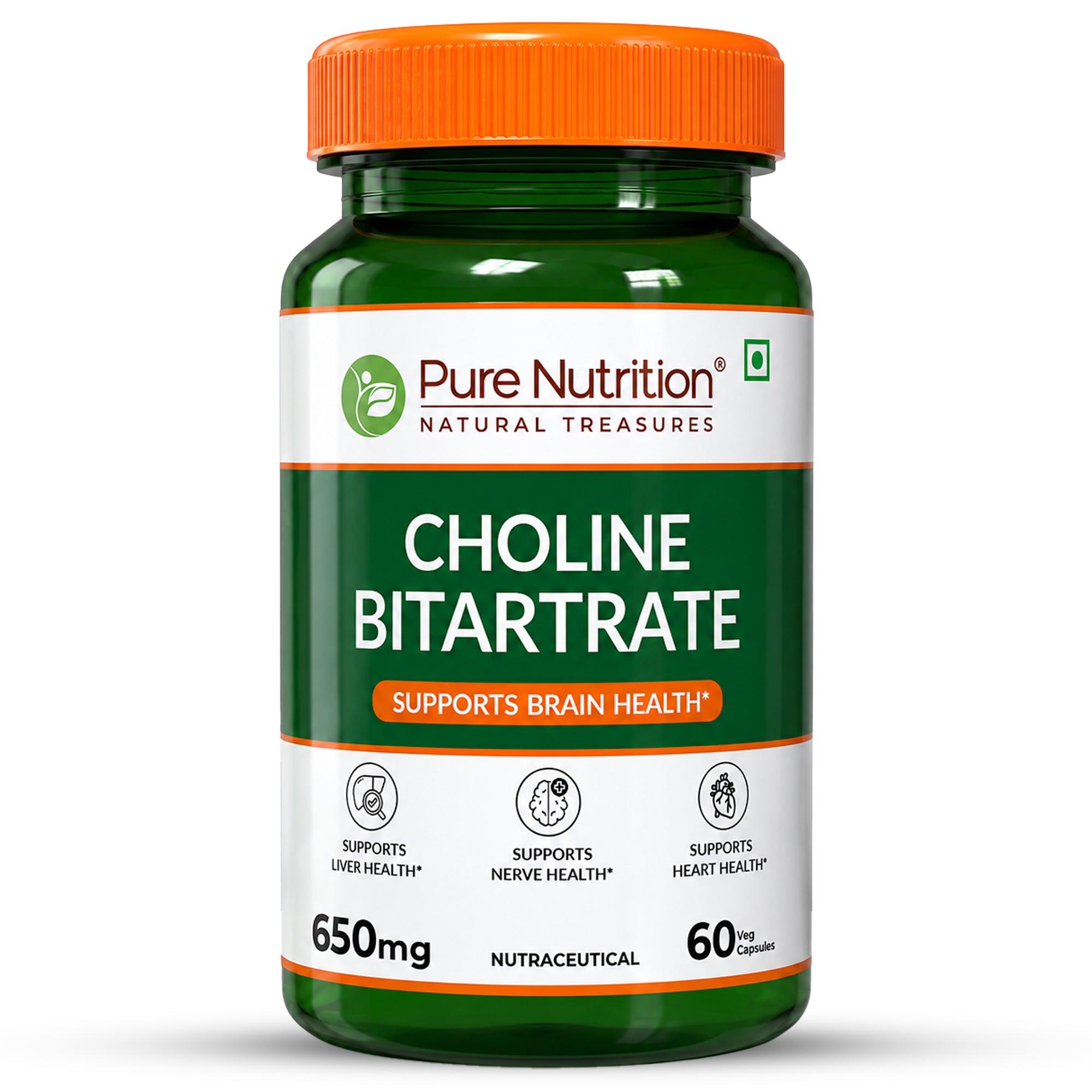 Pure Nutrition Choline Bitartrate (650mg) – 60 Veg Capsules | Supports Brain, Nerve, Liver & Heart Health | Nootropic Supplement for Cognitive Function